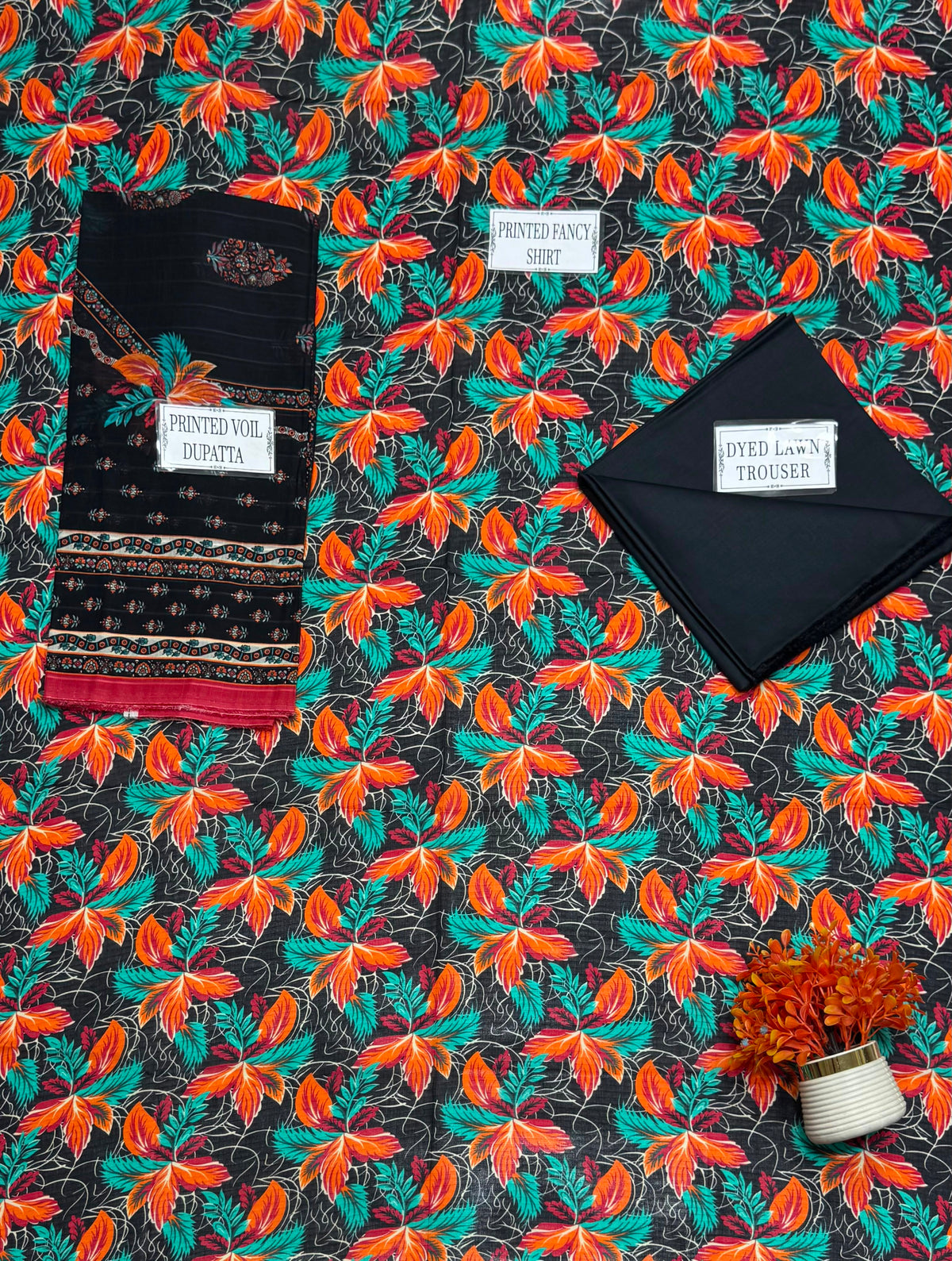 Dareeza Digital Classic - Black Orange Floral 3PC Printed Lawn Suit