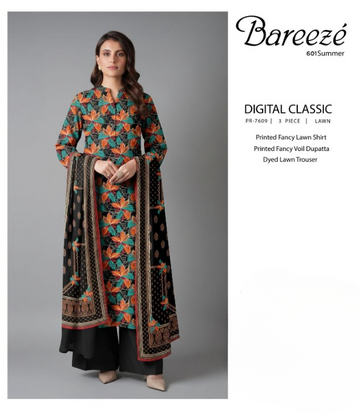 Dareeza Digital Classic - Black Orange Floral 3PC Printed Lawn Suit