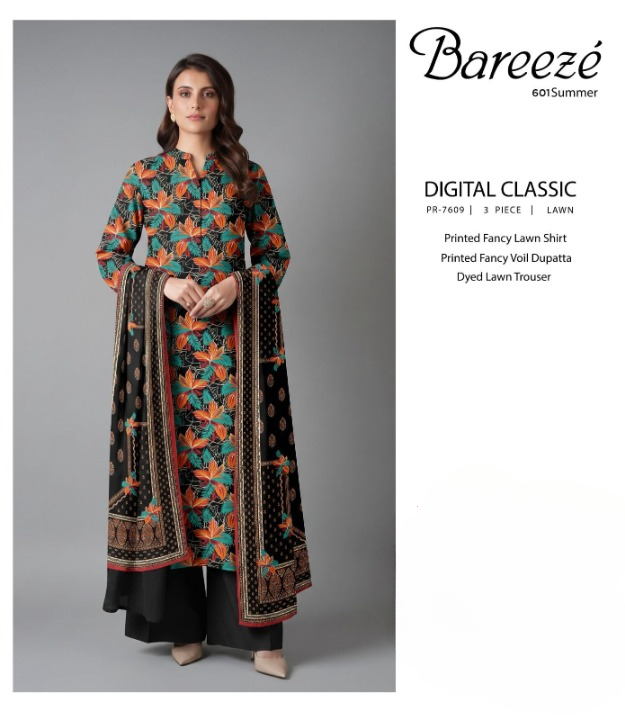 Dareeza Digital Classic - Black Orange Floral 3PC Printed Lawn Suit